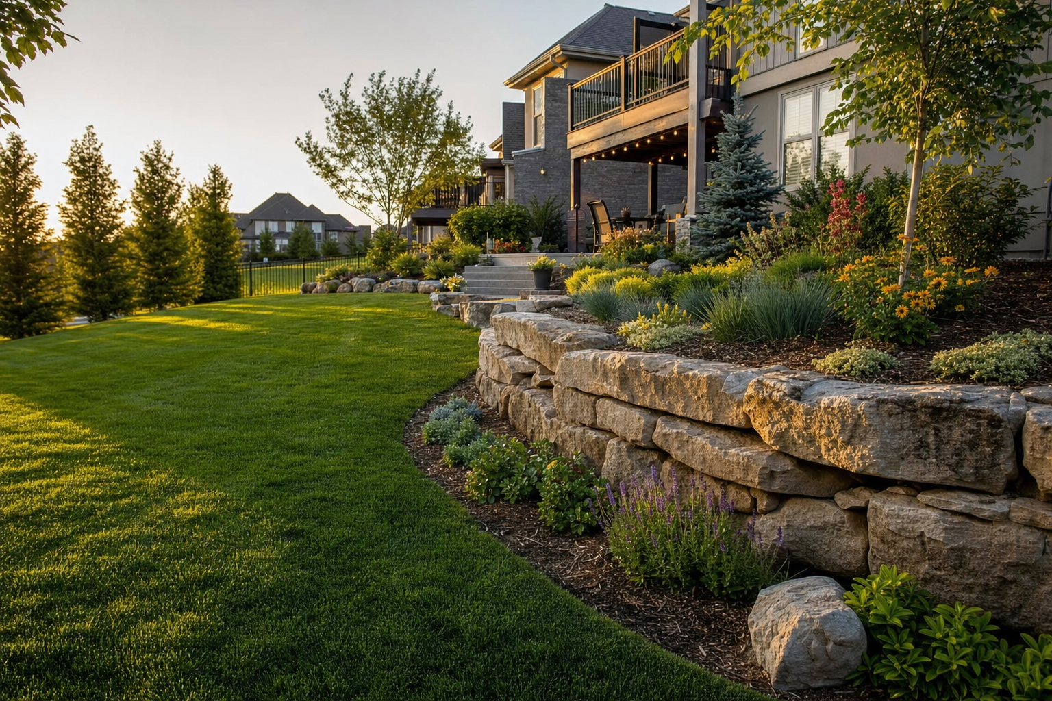 Beautiful residential landscape with natural stone retaining wall, green lawn, and garden beds in Cedar Rapids Iowa