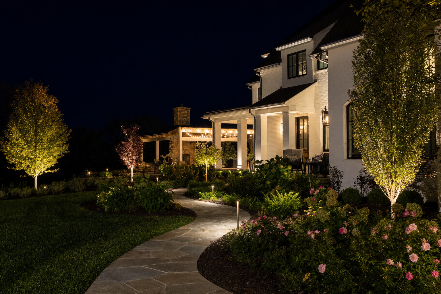 Professional night landscape lighting — warm uplighting on trees, path lights along stone walkway, outdoor string lights on patio