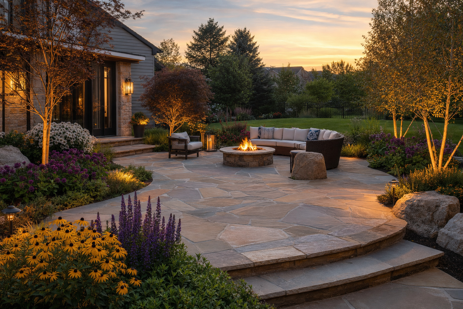 Professional stone patio with fire pit and outdoor seating, landscaped with colorful perennials at dusk